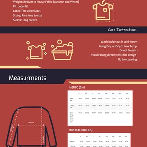 May include: A diagram showing measurements for a long-sleeved sweatshirt in inches and centimetres. The sweatshirt is available in sizes S through 5XL. The measurements include width, length, and sleeve length.