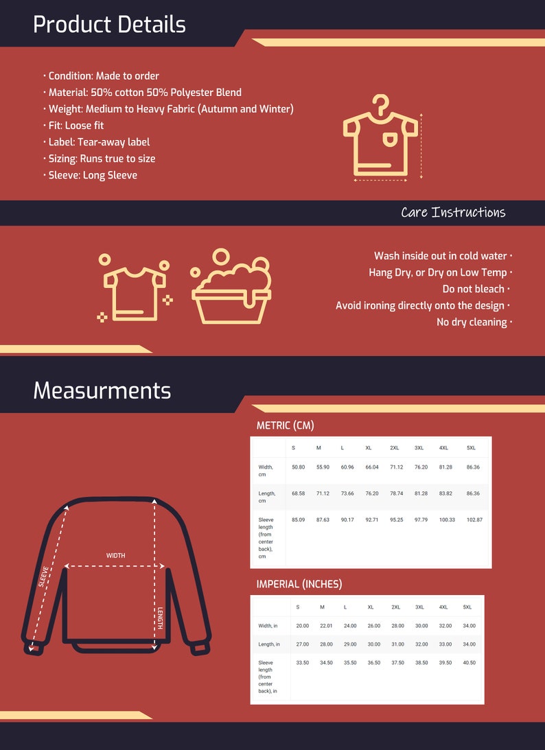 May include: A diagram showing measurements for a long-sleeved sweatshirt in inches and centimetres. The sweatshirt is available in sizes S through 5XL. The measurements include width, length, and sleeve length.