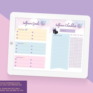 May include: A printable digital planner with a pastel pink, blue, and yellow watercolor background. The planner is divided into two sections: Selfcare Goals and Selfcare Checklist. The Selfcare Goals section has three sections for Mind Goals, Body Goals, and Other Goals. The Selfcare Checklist section has a calendar grid and a space for writing selfcare actions.