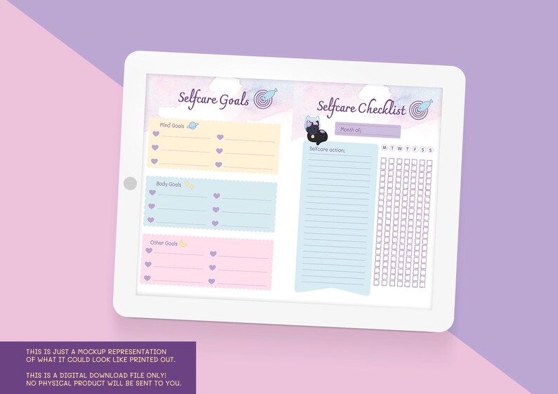 May include: A printable digital planner with a pastel pink, blue, and yellow watercolor background. The planner is divided into two sections: Selfcare Goals and Selfcare Checklist. The Selfcare Goals section has three sections for Mind Goals, Body Goals, and Other Goals. The Selfcare Checklist section has a calendar grid and a space for writing selfcare actions.