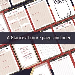 May include: A collection of printable planner pages with a red, gold, and black color scheme. The pages include sections for daily gratitude, yearly goals, exercise and meal tracking, sleep tracking, and journaling. The text "A Glance at more pages included" is displayed in the center of the image.