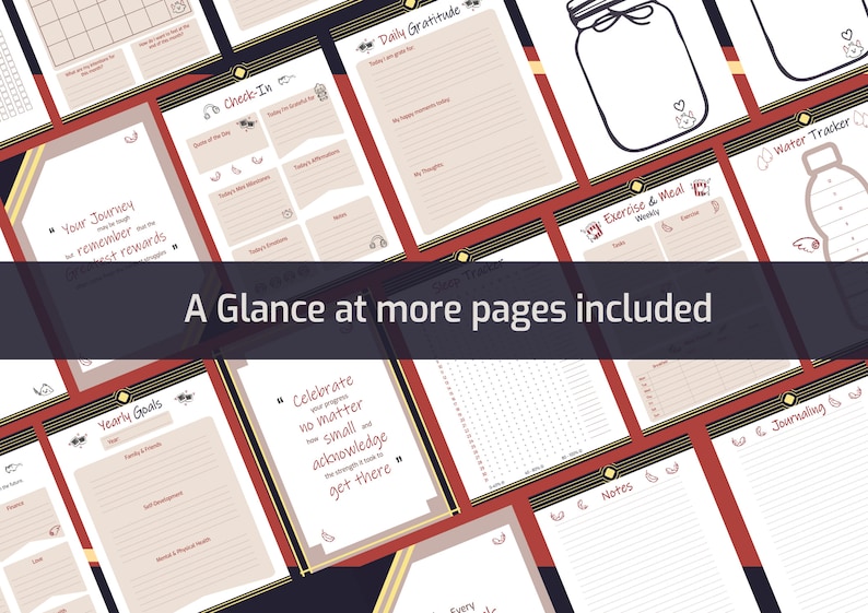 May include: A collection of printable planner pages with a red, gold, and black color scheme. The pages include sections for daily gratitude, yearly goals, exercise and meal tracking, sleep tracking, and journaling. The text "A Glance at more pages included" is displayed in the center of the image.