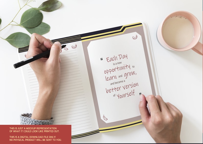 May include: A close-up of an open notebook with a quote written in red ink: "Each Day is a new opportunity to learn and grow, and become a better version of Yourself". The notebook has a black and gold border and is open to a page with lined paper. A hand is holding a black pen and writing in the notebook.
