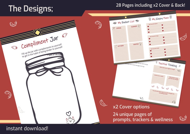 May include: A printable digital download of 28 pages of self-care journal prompts, trackers, and wellness activities. The pages feature a black and white illustration of a jar with the text "Compliment Jar" and the text "Fill up the jar with compliments to yourself to get in the habit of being kinder to yourself". The pages also include a bucket list, a happy place page, and a positive thinking page.