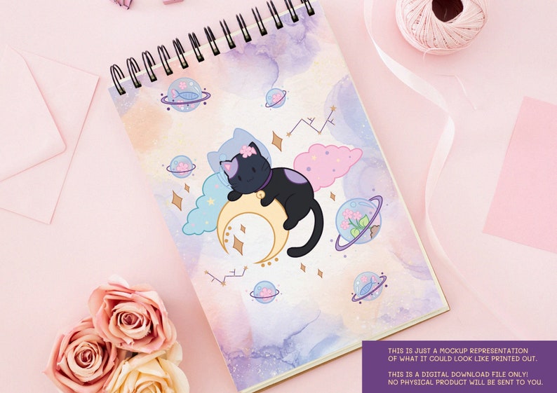 May include: A spiral bound notebook with a watercolor background featuring a black cat sleeping on a crescent moon. The cat has a pink bow and is surrounded by pastel clouds and planets with flowers.