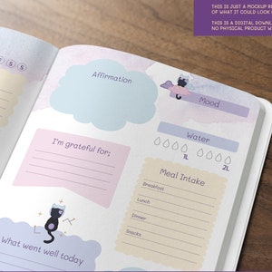 May include: A printable daily planner with a pastel color scheme and a black cat illustration. The planner includes sections for priorities, to-do list, affirmations, gratitude, mood, water intake, and meal intake.