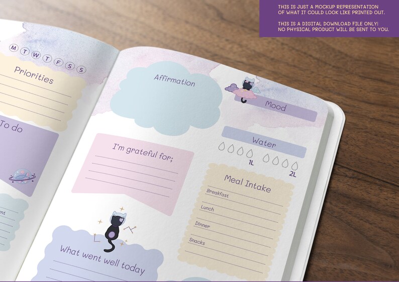 May include: A printable daily planner with a pastel color scheme and a black cat illustration. The planner includes sections for priorities, to-do list, affirmations, gratitude, mood, water intake, and meal intake.