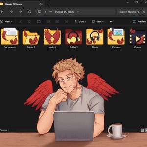 Op de afbeelding: Een digitale illustratie van een personage met stekelig blond haar en grote rode vleugels, zittend aan een bureau met een laptop en een koffiemok. Bovenaan toont een bestandsverkenner-venster aangepaste mappictogrammen versierd met rode veren.