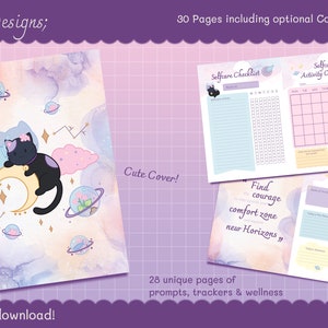 May include: A printable digital planner with a cute cover featuring a black cat sitting on a crescent moon with stars and planets in a watercolor background. The planner includes 28 unique pages of prompts, trackers, and wellness activities. The text "Find courage to leave your comfort zone and build new horizons" is featured on one of the pages.