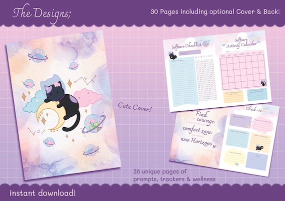 Cute purple Space Cat Selfcare Journal Printable | ADHD | Mental Health |  Wellness Journal | Digital Download | GoodNotes & Noteability