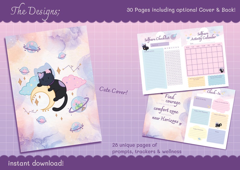 May include: A printable digital planner with a cute cover featuring a black cat sitting on a crescent moon with stars and planets in a watercolor background. The planner includes 28 unique pages of prompts, trackers, and wellness activities. The text "Find courage to leave your comfort zone and build new horizons" is featured on one of the pages.