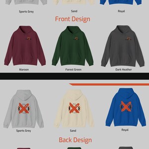 May include: A mockup of a hoodie in ten different color options. The hoodie has a front design with a graphic of a crown and the text "Urban Fury" and a back design with a graphic of a red X with flames. The colors are sports grey, sand, royal, maroon, forest green, and dark heather.