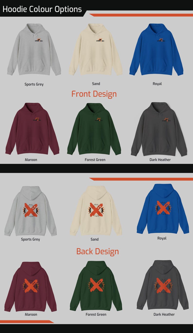 May include: A mockup of a hoodie in ten different color options. The hoodie has a front design with a graphic of a crown and the text "Urban Fury" and a back design with a graphic of a red X with flames. The colors are sports grey, sand, royal, maroon, forest green, and dark heather.