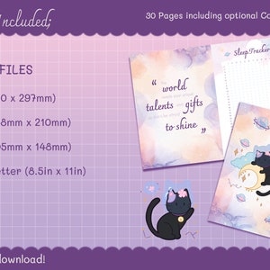 May include: A printable digital planner with a galaxy theme. The cover features a black cat with a flower crown sitting on a crescent moon. The text on the cover reads "The world needs your unique talents and gifts, don't be afraid to shine". The planner includes a sleep tracker page.