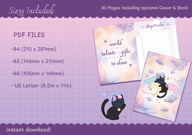 May include: A printable digital planner with a galaxy theme. The cover features a black cat with a flower crown sitting on a crescent moon. The text on the cover reads "The world needs your unique talents and gifts, don't be afraid to shine". The planner includes a sleep tracker page.