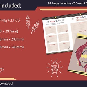 May include: Printable digital planner with 28 pages, including two cover and back designs. The planner features a vision board, yearly goals, and a design with wings and a headphone. The planner is available in PDF and PNG files in three sizes: A4 (210 x 297 mm), A5 (148 x 210 mm), and A6 (105 x 148 mm).