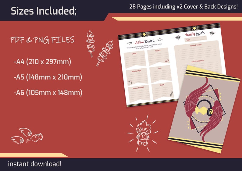 May include: Printable digital planner with 28 pages, including two cover and back designs. The planner features a vision board, yearly goals, and a design with wings and a headphone. The planner is available in PDF and PNG files in three sizes: A4 (210 x 297 mm), A5 (148 x 210 mm), and A6 (105 x 148 mm).