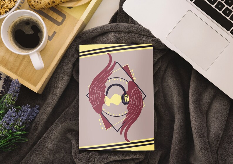 May include: A gray and yellow card with a geometric design featuring a stylized image of a pair of wings and a keyhole.