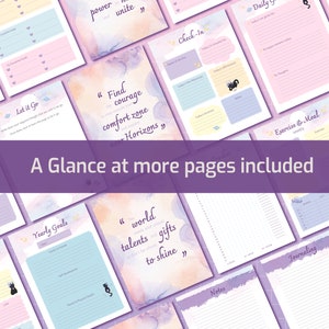 May include: A collection of pages from a planner with watercolor backgrounds and motivational quotes. The pages include sections for daily goals, vision boards, yearly goals, exercise and meal planning, journaling, and notes.