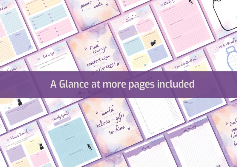 May include: A collection of pages from a planner with watercolor backgrounds and motivational quotes. The pages include sections for daily goals, vision boards, yearly goals, exercise and meal planning, journaling, and notes.