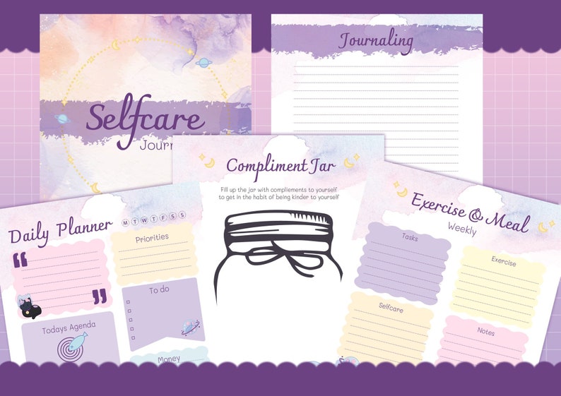 May include: A printable self-care journal with a watercolor background. The journal includes sections for daily planning, journaling, exercise and meal planning, and a compliment jar.