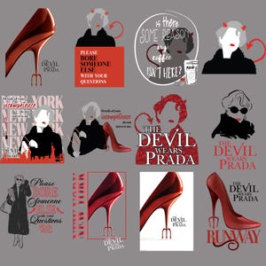 May include: A collection of graphic designs featuring the phrase "The Devil Wears Prada" and illustrations of high-heeled shoes, devil horns, and quotes. The color palette includes red, black, and gray.