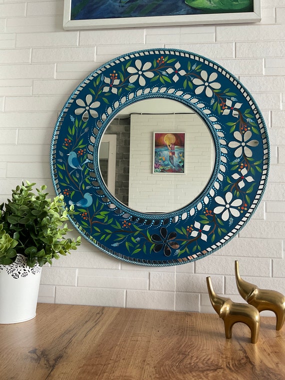 Decorative Round Mirror, Mirror Work, for Living Room, for Bathroom, Wall  Decor Item, Handmade Artwork, Gifting Item, Hand-painted Artwork 