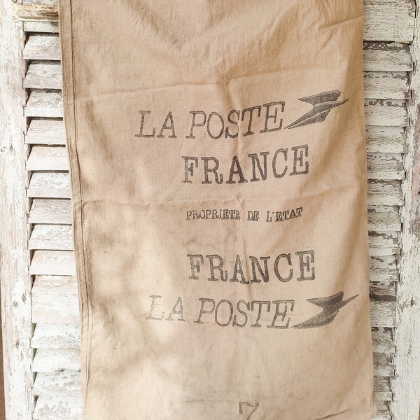 Sac postal français ancien, sac La Poste ancien en toile jute, décoration française vintage.