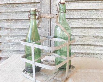 Old zinc bottle holder, French metal bottle holder, French flea market decoration.