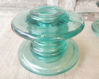 French power line insulator, glass, upcycled candle holder, green color.