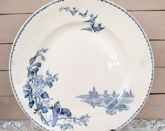 Grand plat ancien terre de fer en faïence de Longwy, décors oiseaux champêtre, 1900, vaisselle ancienne française en faïence, brocante