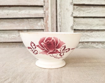 Digoin vintage bowl, burgundy pink patterns, country house, French cottage, French vintage kitchen.