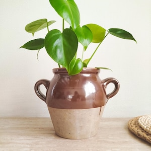 Antique French two-tone stoneware pot, antique French preserve pot, medium size, with ear handles.