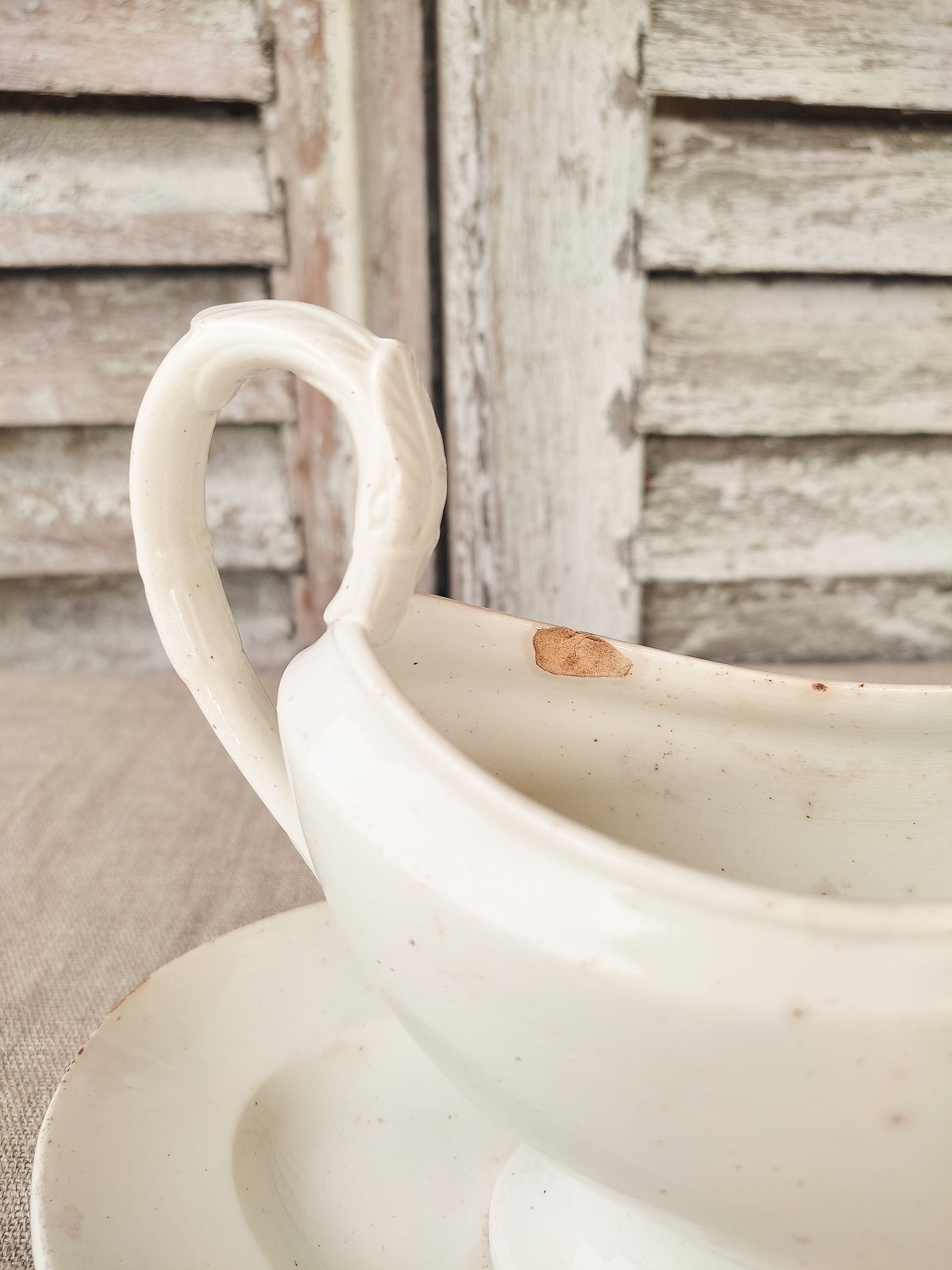Antique White Gravy Boat GIEN, Gravy Boat With Swanshaped Handle, in