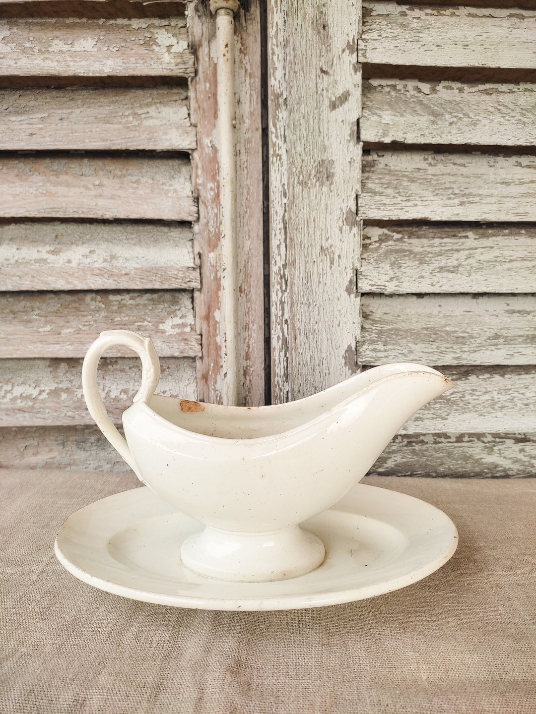 Antique White Gravy Boat GIEN, Gravy Boat With Swanshaped Handle, in