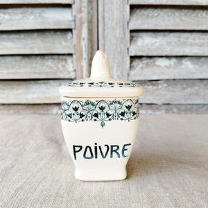 Small &quot;Pepper&quot; spice jar, antique earthenware pot, for vintage kitchen.
