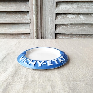 Vintage advertising ashtray, French advertising writing, earthenware ashtray, Vichy advertising for collection.