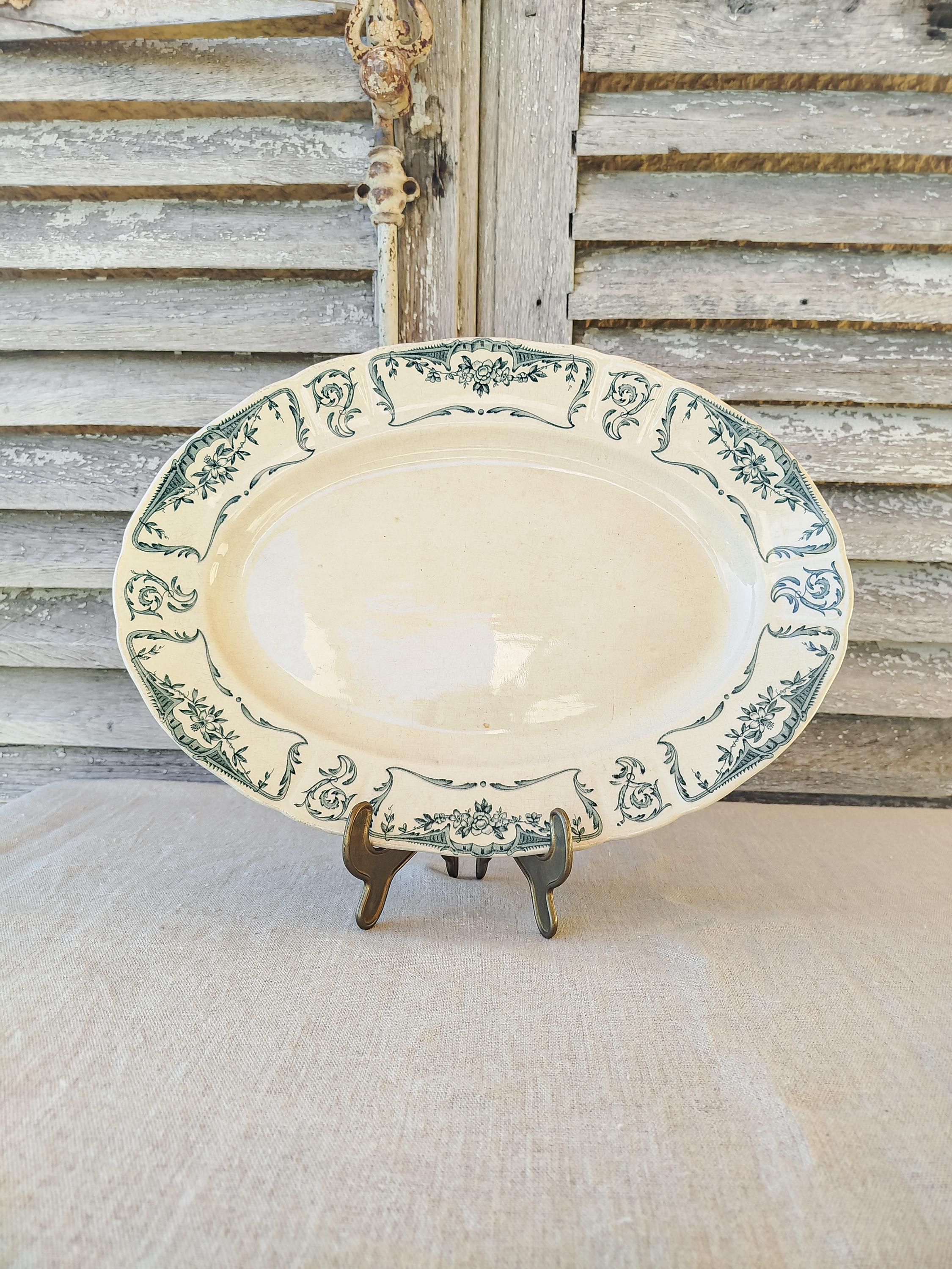 Plat Rond Creux BADONVILLER Faïencerie FB 92, Décor Pochoir Fleur Bleue Vintage French Antique