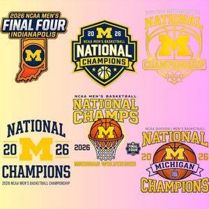 May include: A collection of logos and graphics related to the NCAA Men's Basketball National Championship. Designs include the text "Final Four Indianapolis", "National Champions", and "Michigan Wolverines", with the letter "M" prominently featured.