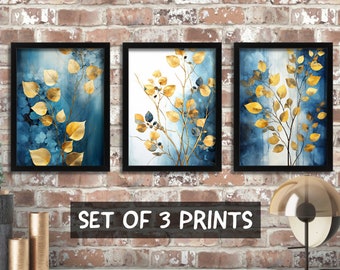 Gold and Teal Botanical Art Set Of 3 Prints, Turquoise Wall Art, Botanical Pictures, Living Room Decor Botanical Posters Set, Golden Leaves