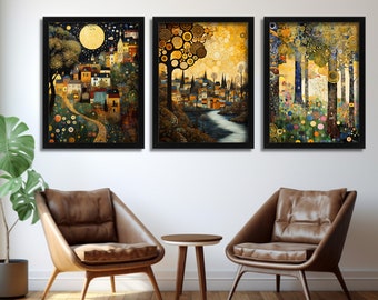 Láminas artísticas inspiradas en Gustav Klimt, juego de 3 láminas, arte de pared con paisajes, cuadros de estilo Gustav Klimt, decoración de sala de estar, obras de arte enmarcadas