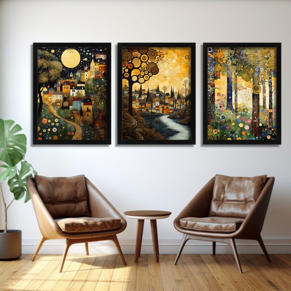 Gustav Klimt Inspired Art Prints, Set Of 3 Prints, Landscape Wall Art, Gustav Klimt Style Pictures, Living Room Decor, Framed Artwork