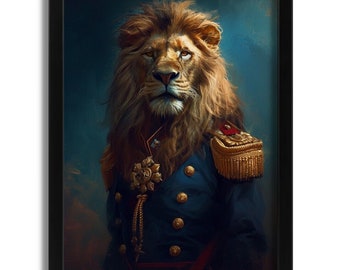 Stately Lion General in Vintage Military Attire - Noble Animal Commander Portrait Art Print for Home and Office Decor, Lion Wall Art Print