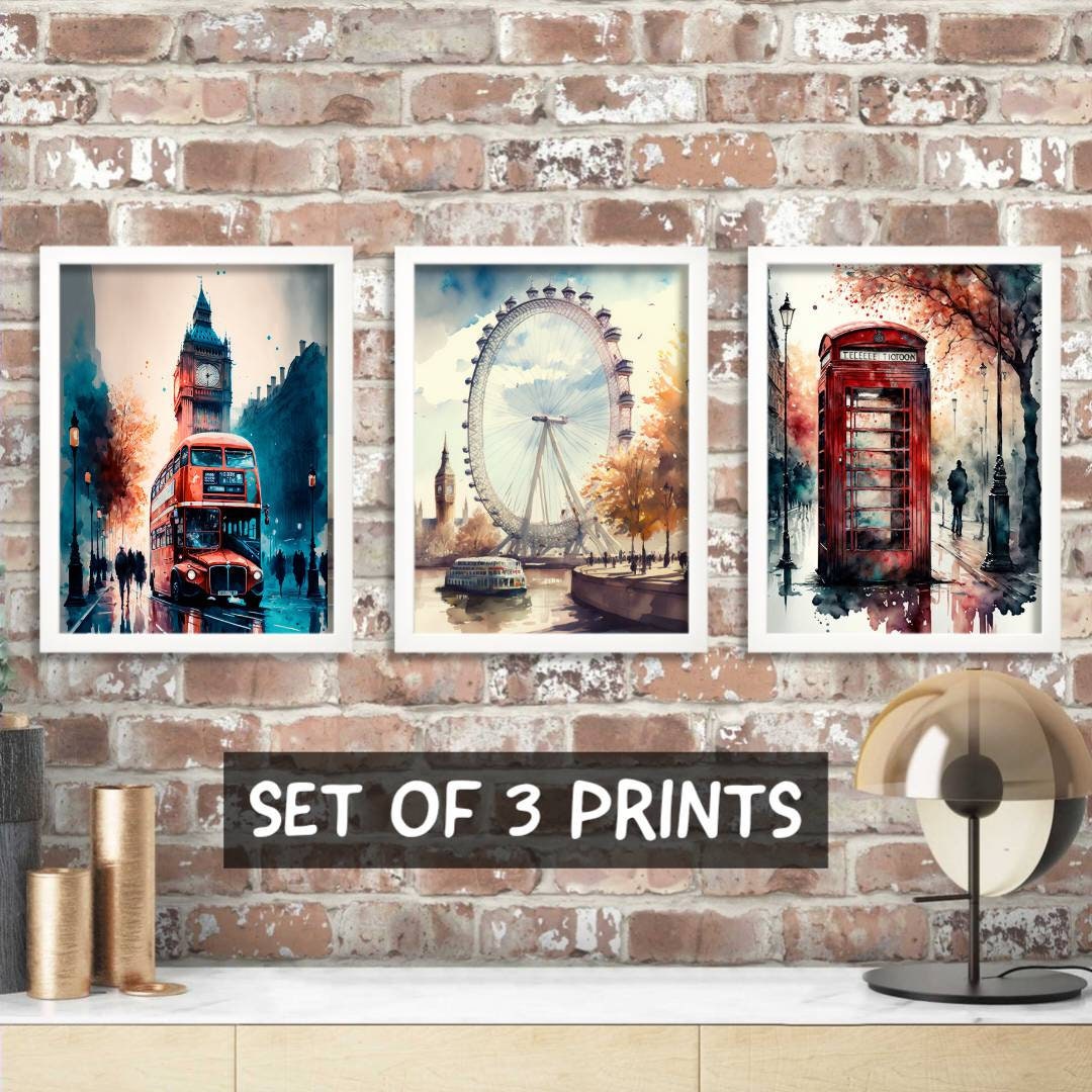London Wall Art, Set of 3 Prints, Framed Art, Living Room Decor, Watercolour London City Art ...