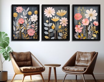 Juego de 3 impresiones de flores grises y rosas, arte de pared floral escandinavo, imágenes botánicas, decoración de sala de estar gris, obras de arte minimalistas, carteles boho