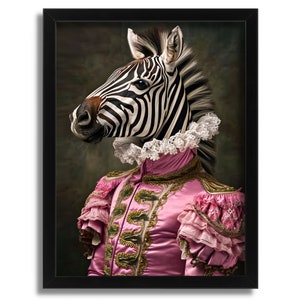 Zebra In Pink Dress Print, Zebra Poster Print, Retro Animal Wall Art, Vintage Zebra, Regal Animal Wall Art Gift, Anthropomorphic Animal Art
