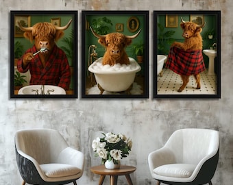 Juego de 3 impresiones de arte de pared para baño con vacas de las Highlands: cepillarse los dientes, baño de burbujas y toalla de tartán. Arte humorístico de baño de estilo rústico.