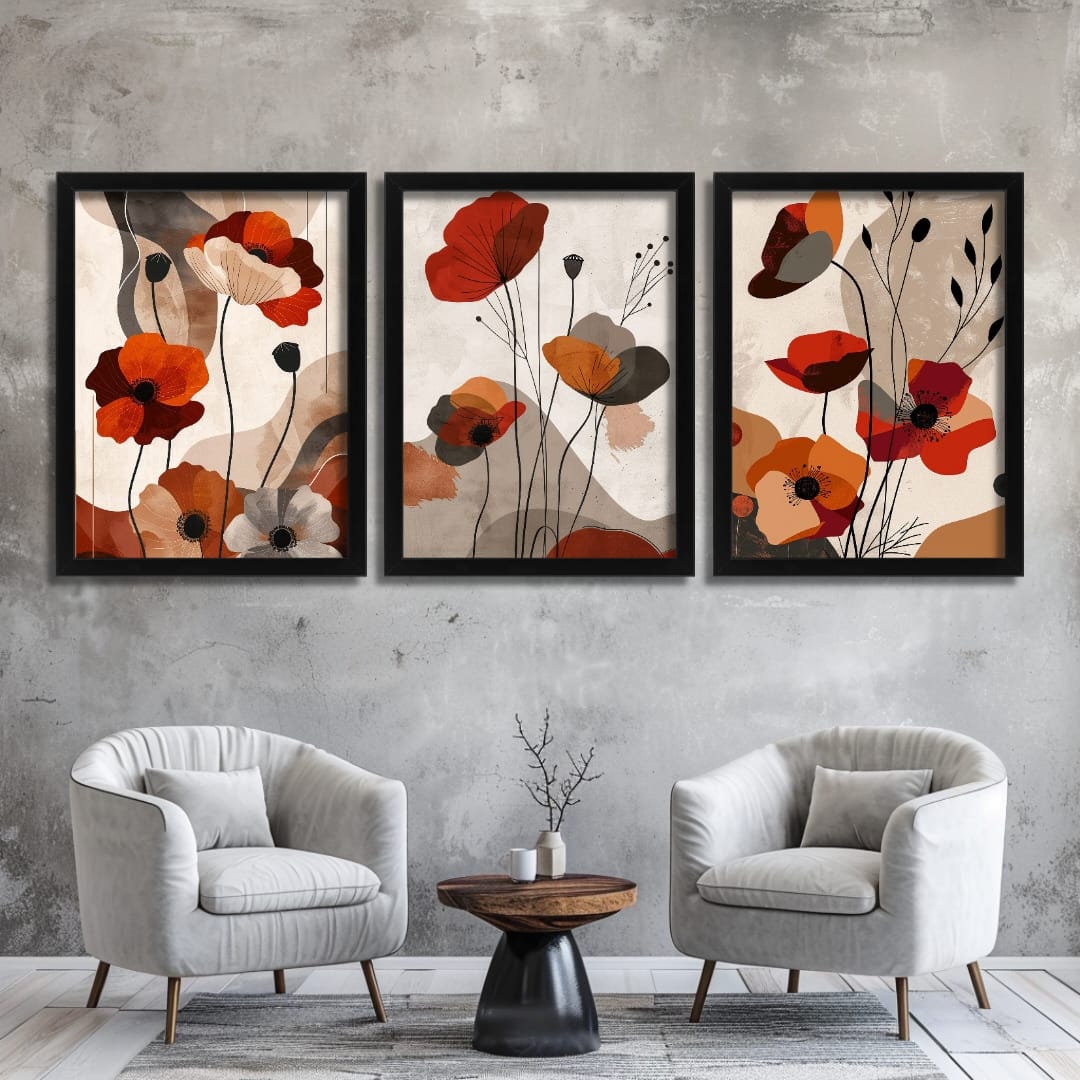 Red Flowers Botanical Prints Set of 3, Poppy Flowers Wall Art ...