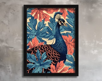 Majestic Peacock in Tropical Foliage Art Print Vibrant Jungle Wall Art Colourful Peacock Illustration Exotic Wildlife Decor Peacock Print