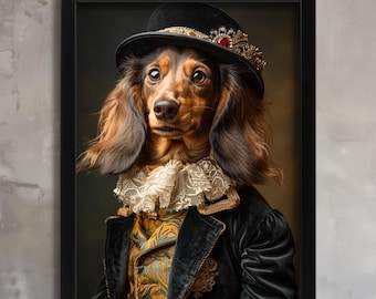 Longhaired Dachshund Wall Art Vintage Portrait Art Sausage Dog In A Suit Print Animals in Human Clothes Art Anthropomorphic Animal Wall Art